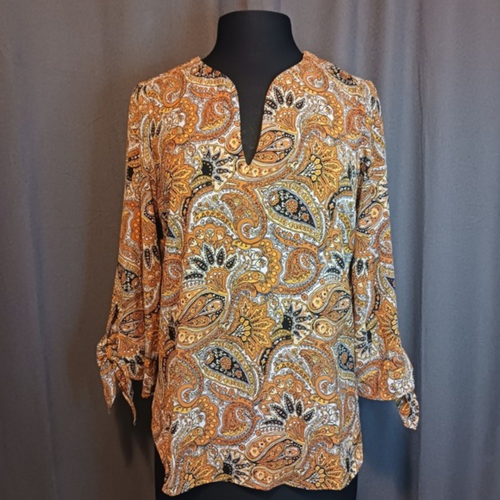 Michael Kors Marigold Paisley 3/4 Tie sleeve Blouseβ Tunic Peasant Top M
